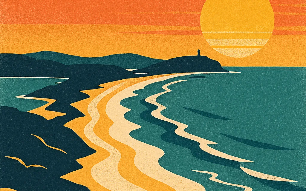 Retro travel-poster of the Northern Beaches peninsula coastline at golden hour, from Manly to Barrenjoey headland